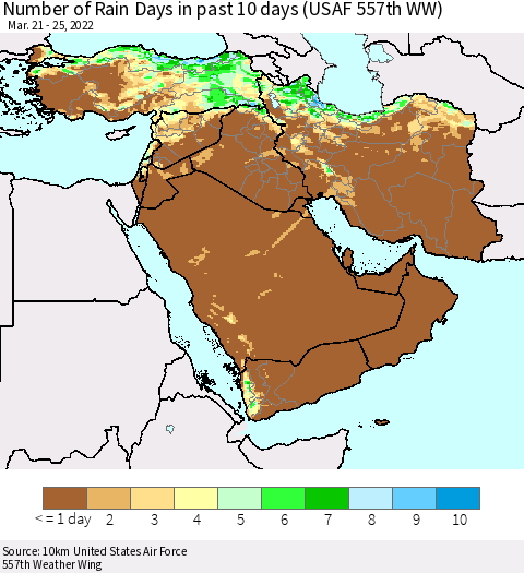 Middle East and Turkey Number of Rain Days in past 10 days (USAF 557th WW) Thematic Map For 3/21/2022 - 3/25/2022
