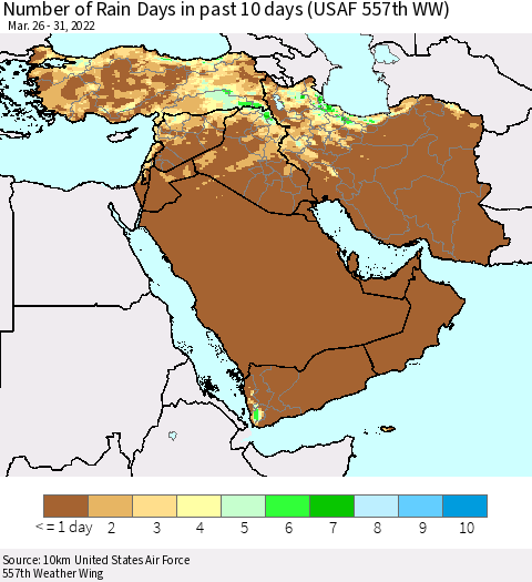 Middle East and Turkey Number of Rain Days in past 10 days (USAF 557th WW) Thematic Map For 3/26/2022 - 3/31/2022
