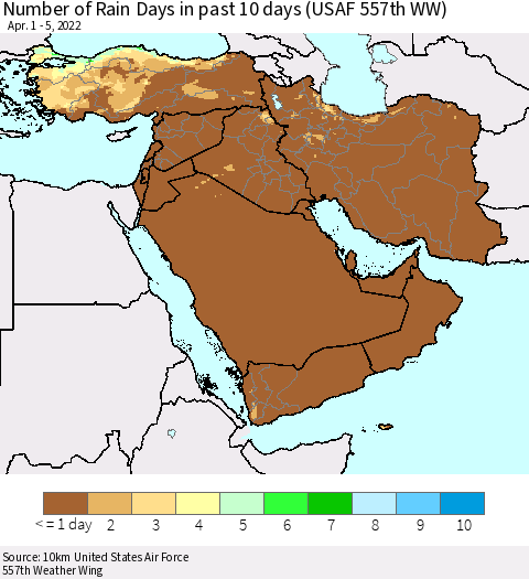 Middle East and Turkey Number of Rain Days in past 10 days (USAF 557th WW) Thematic Map For 4/1/2022 - 4/5/2022