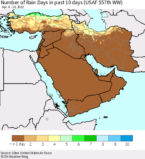Middle East and Turkey Number of Rain Days in past 10 days (USAF 557th WW) Thematic Map For 4/6/2022 - 4/10/2022