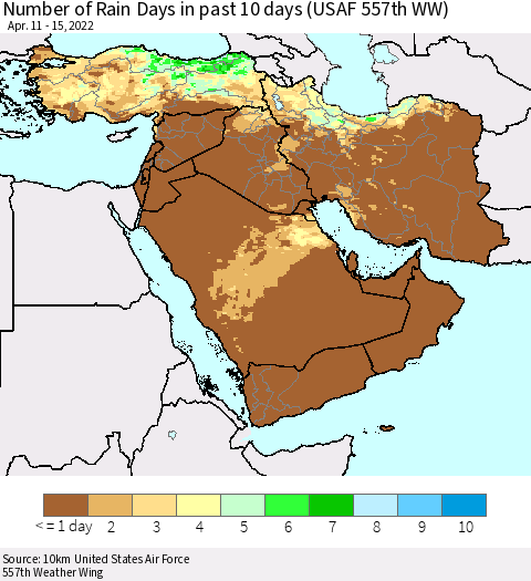 Middle East and Turkey Number of Rain Days in past 10 days (USAF 557th WW) Thematic Map For 4/11/2022 - 4/15/2022