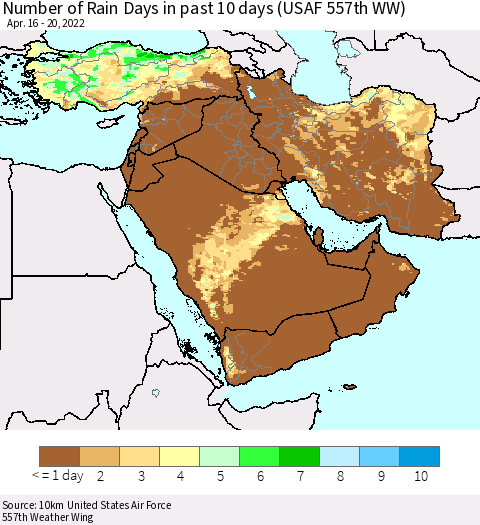 Middle East and Turkey Number of Rain Days in past 10 days (USAF 557th WW) Thematic Map For 4/16/2022 - 4/20/2022