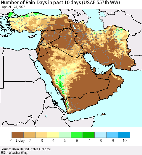 Middle East and Turkey Number of Rain Days in past 10 days (USAF 557th WW) Thematic Map For 4/21/2022 - 4/25/2022