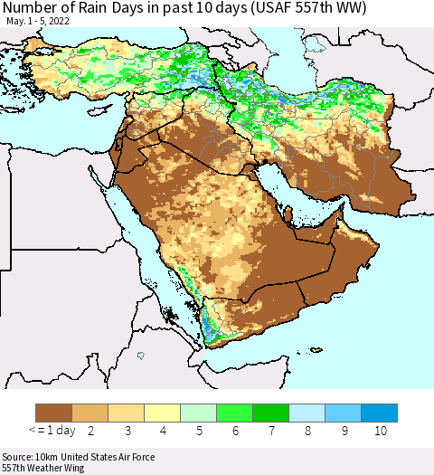 Middle East and Turkey Number of Rain Days in past 10 days (USAF 557th WW) Thematic Map For 5/1/2022 - 5/5/2022
