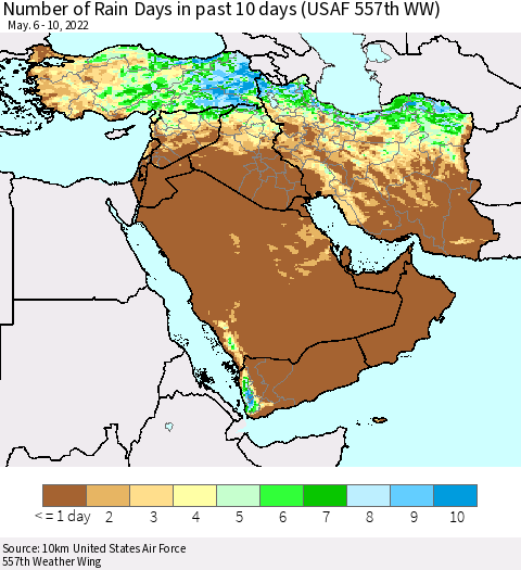 Middle East and Turkey Number of Rain Days in past 10 days (USAF 557th WW) Thematic Map For 5/6/2022 - 5/10/2022