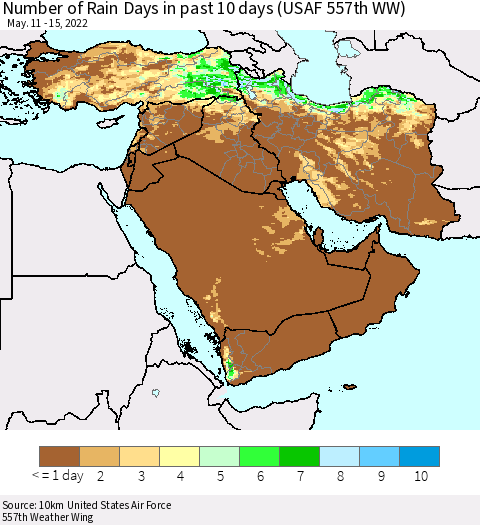 Middle East and Turkey Number of Rain Days in past 10 days (USAF 557th WW) Thematic Map For 5/11/2022 - 5/15/2022
