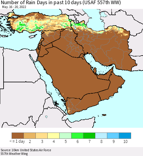 Middle East and Turkey Number of Rain Days in past 10 days (USAF 557th WW) Thematic Map For 5/16/2022 - 5/20/2022