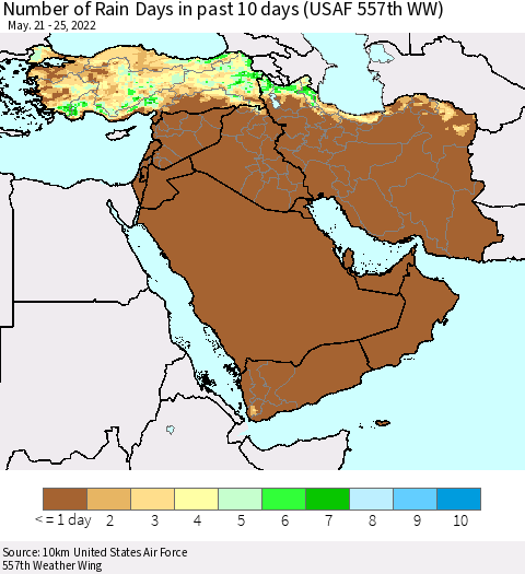 Middle East and Turkey Number of Rain Days in past 10 days (USAF 557th WW) Thematic Map For 5/21/2022 - 5/25/2022
