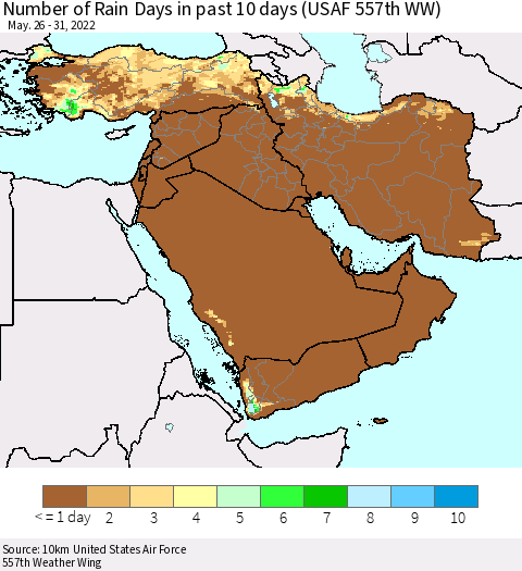 Middle East and Turkey Number of Rain Days in past 10 days (USAF 557th WW) Thematic Map For 5/26/2022 - 5/31/2022