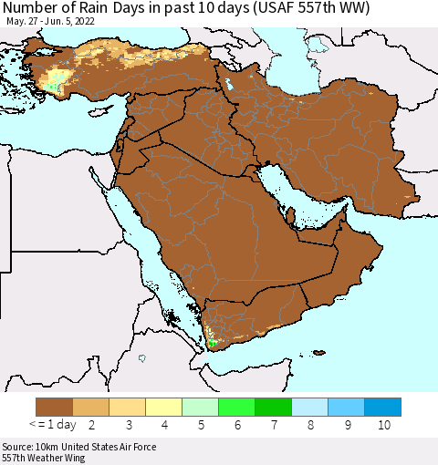 Middle East and Turkey Number of Rain Days in past 10 days (USAF 557th WW) Thematic Map For 6/1/2022 - 6/5/2022