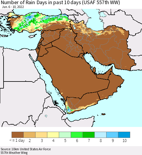 Middle East and Turkey Number of Rain Days in past 10 days (USAF 557th WW) Thematic Map For 6/6/2022 - 6/10/2022