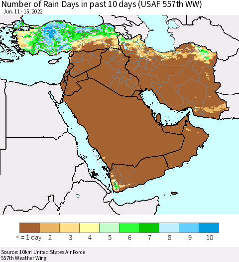 Middle East and Turkey Number of Rain Days in past 10 days (USAF 557th WW) Thematic Map For 6/11/2022 - 6/15/2022