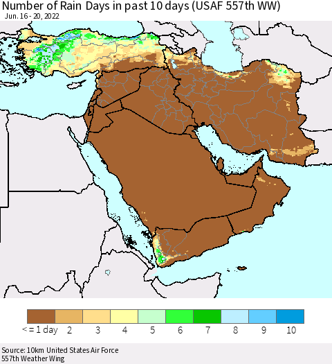 Middle East and Turkey Number of Rain Days in past 10 days (USAF 557th WW) Thematic Map For 6/16/2022 - 6/20/2022
