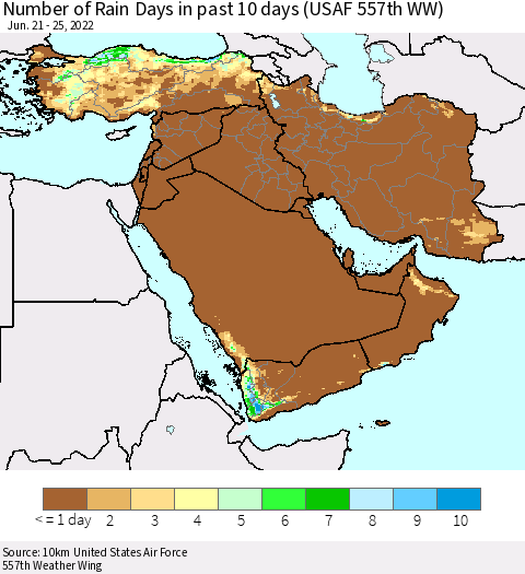 Middle East and Turkey Number of Rain Days in past 10 days (USAF 557th WW) Thematic Map For 6/21/2022 - 6/25/2022