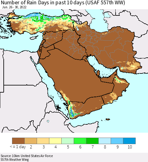 Middle East and Turkey Number of Rain Days in past 10 days (USAF 557th WW) Thematic Map For 6/26/2022 - 6/30/2022
