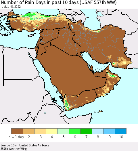 Middle East and Turkey Number of Rain Days in past 10 days (USAF 557th WW) Thematic Map For 7/1/2022 - 7/5/2022
