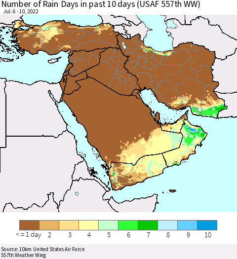 Middle East and Turkey Number of Rain Days in past 10 days (USAF 557th WW) Thematic Map For 7/6/2022 - 7/10/2022