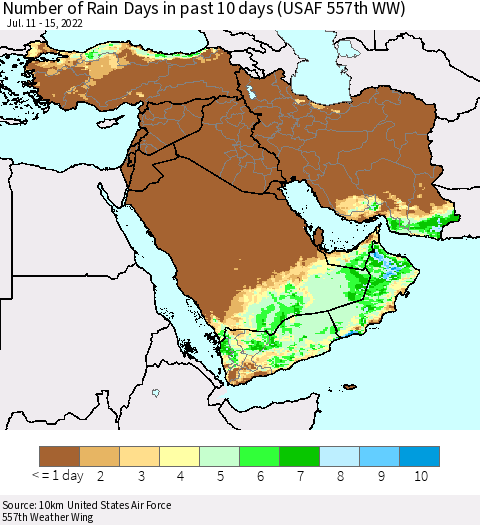 Middle East and Turkey Number of Rain Days in past 10 days (USAF 557th WW) Thematic Map For 7/11/2022 - 7/15/2022