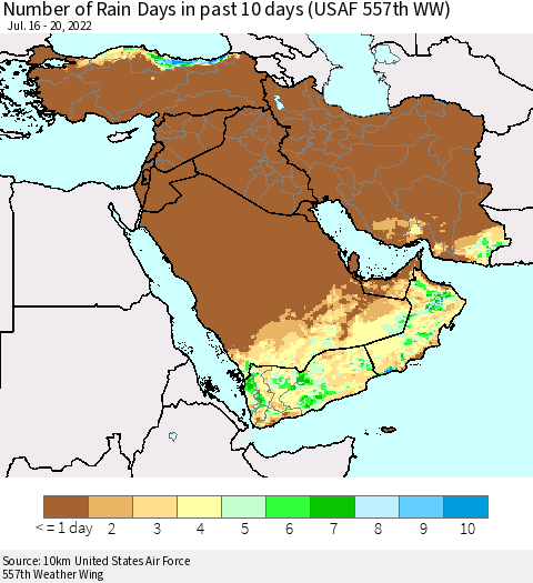 Middle East and Turkey Number of Rain Days in past 10 days (USAF 557th WW) Thematic Map For 7/16/2022 - 7/20/2022