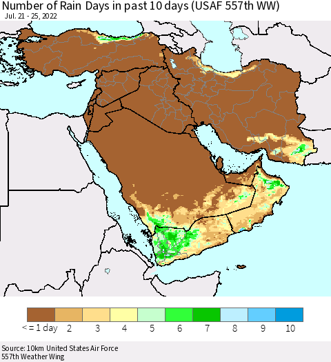 Middle East and Turkey Number of Rain Days in past 10 days (USAF 557th WW) Thematic Map For 7/21/2022 - 7/25/2022