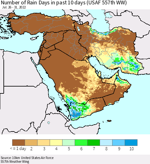Middle East and Turkey Number of Rain Days in past 10 days (USAF 557th WW) Thematic Map For 7/26/2022 - 7/31/2022