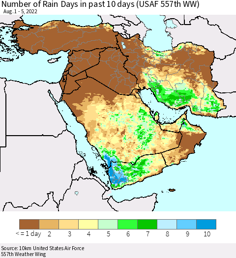 Middle East and Turkey Number of Rain Days in past 10 days (USAF 557th WW) Thematic Map For 8/1/2022 - 8/5/2022