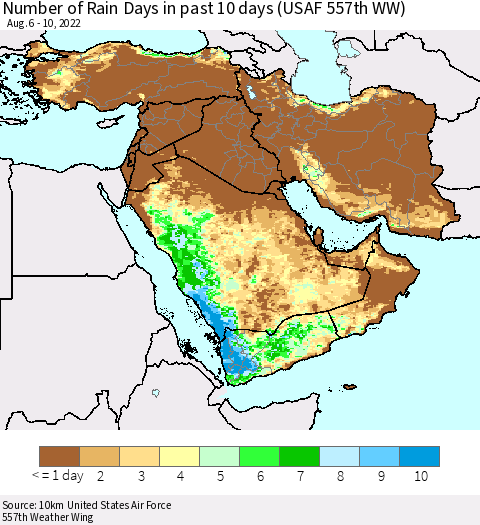 Middle East and Turkey Number of Rain Days in past 10 days (USAF 557th WW) Thematic Map For 8/6/2022 - 8/10/2022