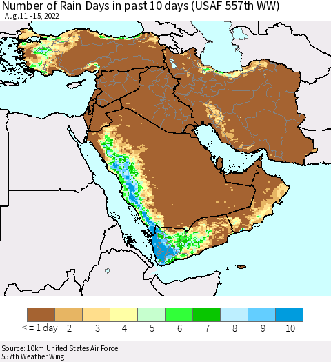 Middle East and Turkey Number of Rain Days in past 10 days (USAF 557th WW) Thematic Map For 8/11/2022 - 8/15/2022