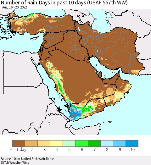 Middle East and Turkey Number of Rain Days in past 10 days (USAF 557th WW) Thematic Map For 8/16/2022 - 8/20/2022