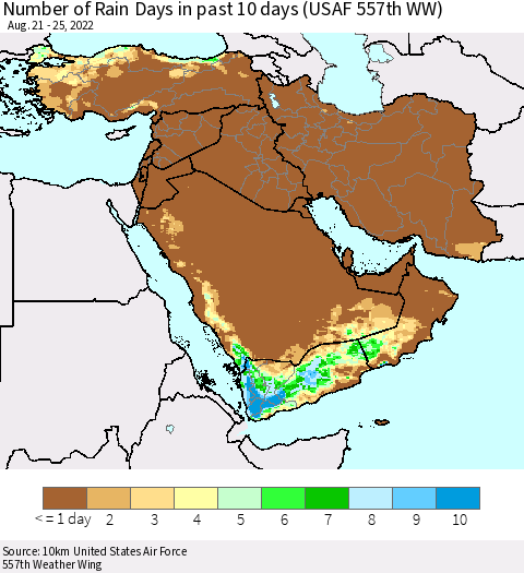 Middle East and Turkey Number of Rain Days in past 10 days (USAF 557th WW) Thematic Map For 8/21/2022 - 8/25/2022