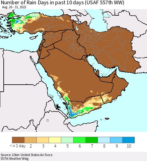 Middle East and Turkey Number of Rain Days in past 10 days (USAF 557th WW) Thematic Map For 8/26/2022 - 8/31/2022