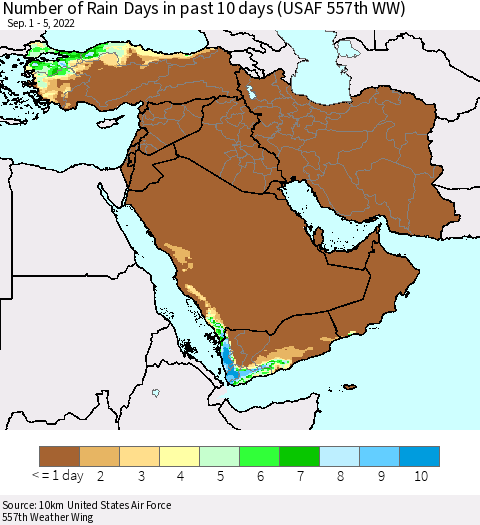Middle East and Turkey Number of Rain Days in past 10 days (USAF 557th WW) Thematic Map For 9/1/2022 - 9/5/2022