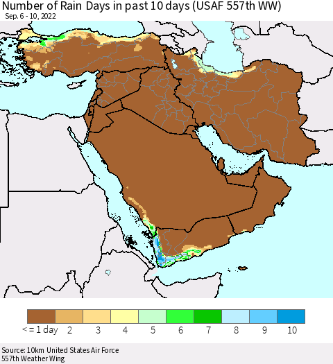 Middle East and Turkey Number of Rain Days in past 10 days (USAF 557th WW) Thematic Map For 9/6/2022 - 9/10/2022