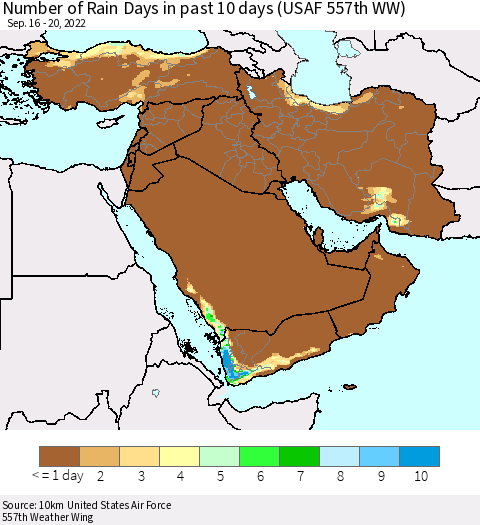 Middle East and Turkey Number of Rain Days in past 10 days (USAF 557th WW) Thematic Map For 9/16/2022 - 9/20/2022