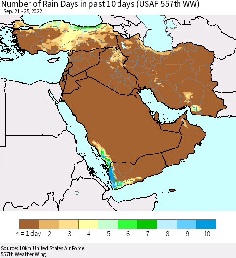 Middle East and Turkey Number of Rain Days in past 10 days (USAF 557th WW) Thematic Map For 9/21/2022 - 9/25/2022