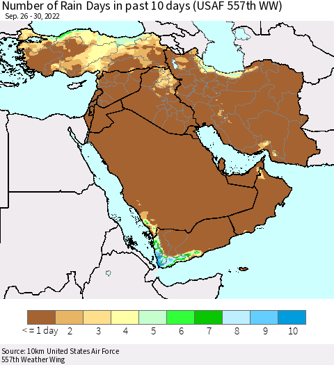 Middle East and Turkey Number of Rain Days in past 10 days (USAF 557th WW) Thematic Map For 9/26/2022 - 9/30/2022