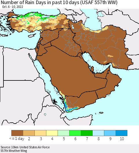 Middle East and Turkey Number of Rain Days in past 10 days (USAF 557th WW) Thematic Map For 10/6/2022 - 10/10/2022
