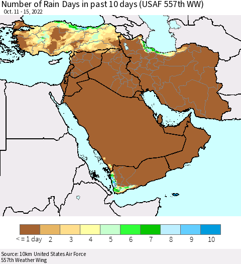 Middle East and Turkey Number of Rain Days in past 10 days (USAF 557th WW) Thematic Map For 10/11/2022 - 10/15/2022