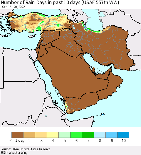Middle East and Turkey Number of Rain Days in past 10 days (USAF 557th WW) Thematic Map For 10/16/2022 - 10/20/2022