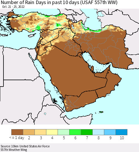 Middle East and Turkey Number of Rain Days in past 10 days (USAF 557th WW) Thematic Map For 10/21/2022 - 10/25/2022