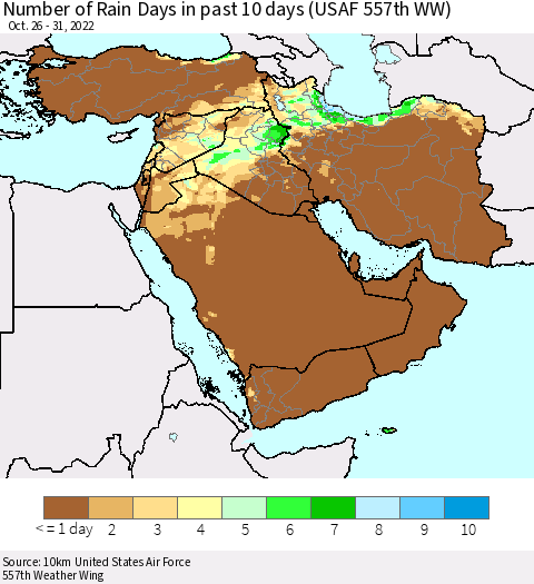Middle East and Turkey Number of Rain Days in past 10 days (USAF 557th WW) Thematic Map For 10/26/2022 - 10/31/2022