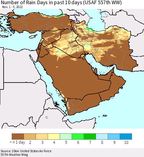 Middle East and Turkey Number of Rain Days in past 10 days (USAF 557th WW) Thematic Map For 11/1/2022 - 11/5/2022
