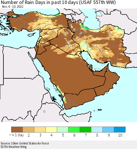 Middle East and Turkey Number of Rain Days in past 10 days (USAF 557th WW) Thematic Map For 11/6/2022 - 11/10/2022