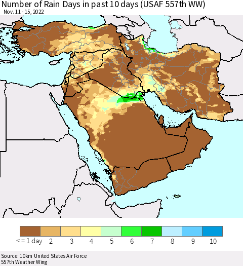 Middle East and Turkey Number of Rain Days in past 10 days (USAF 557th WW) Thematic Map For 11/11/2022 - 11/15/2022