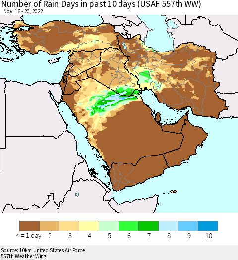 Middle East and Turkey Number of Rain Days in past 10 days (USAF 557th WW) Thematic Map For 11/16/2022 - 11/20/2022