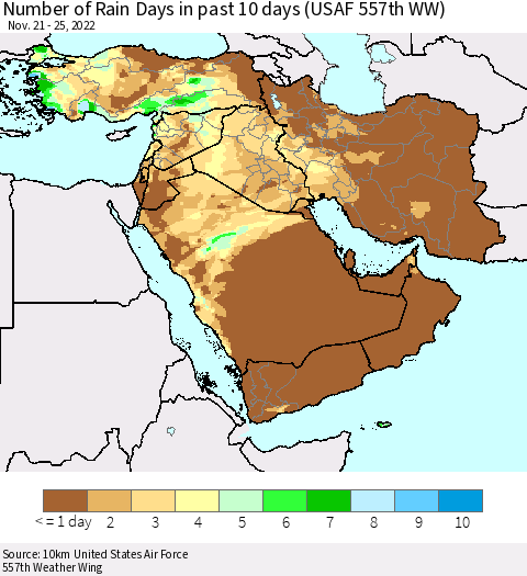 Middle East and Turkey Number of Rain Days in past 10 days (USAF 557th WW) Thematic Map For 11/21/2022 - 11/25/2022