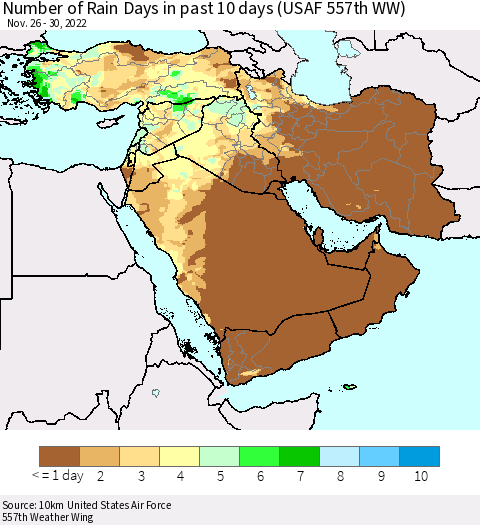 Middle East and Turkey Number of Rain Days in past 10 days (USAF 557th WW) Thematic Map For 11/26/2022 - 11/30/2022