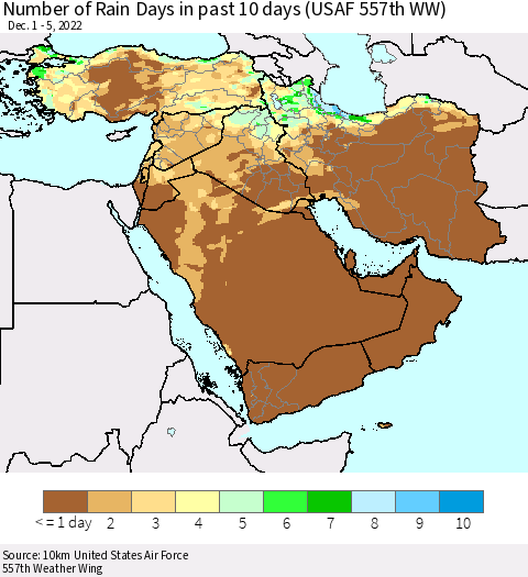 Middle East and Turkey Number of Rain Days in past 10 days (USAF 557th WW) Thematic Map For 12/1/2022 - 12/5/2022