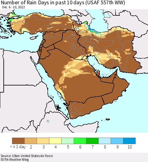 Middle East and Turkey Number of Rain Days in past 10 days (USAF 557th WW) Thematic Map For 12/6/2022 - 12/10/2022