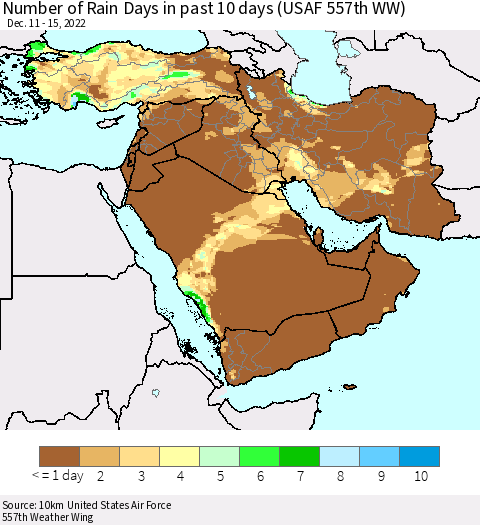 Middle East and Turkey Number of Rain Days in past 10 days (USAF 557th WW) Thematic Map For 12/11/2022 - 12/15/2022